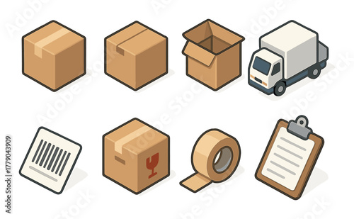 Icons of cardboard boxes, delivery truck, barcode, tape, clipboard for logistics and shipping