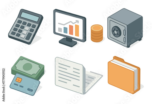Financial icons: calculator, graph, safe, money, credit card, document, folder