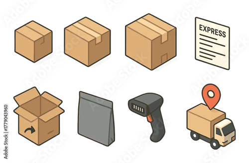 Express delivery icons: boxes, scanner, truck, shipping essentials