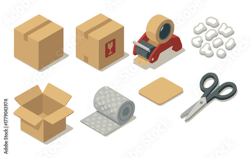 Isometric packaging tools and materials: boxes, tape, scissors, bubble wrap, stickers