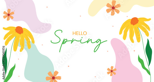 Modern "Hello Spring" banner with abstract pastel shapes and flat yellow flower illustrations.