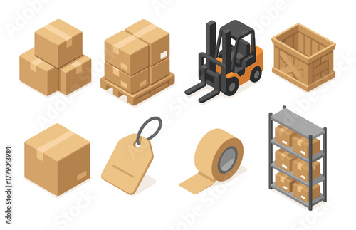 Isometric warehouse set: boxes, forklift, label, tape, shelving