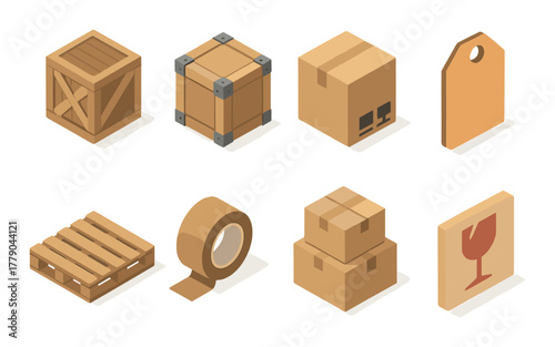 Isometric icons of shipping materials and packaging supplies
