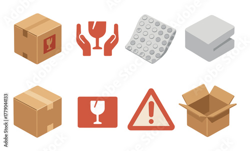 Icons of packaging: fragile, warning, and protective elements in box design
