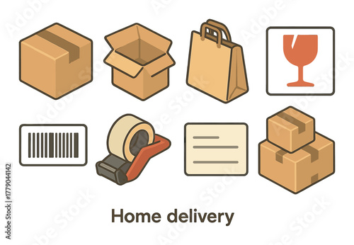 Home delivery icons: boxes, packaging, tape, barcode, shopping bag, glass, shipping