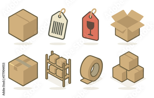 Colorful icons of boxes, price tags, and packaging supplies