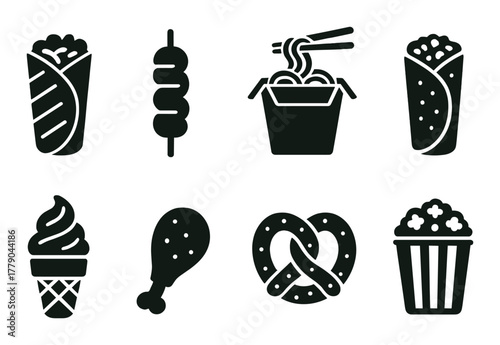 Silhouette icons of various street foods on yellow background