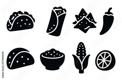 Black silhouettes of mexican food icons featuring taco bowl corn tortilla