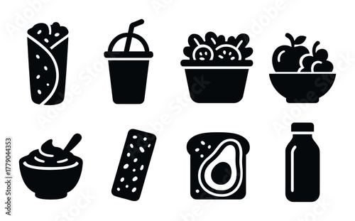 Silhouettes of various food items including wrap, drinks, salad, and snacks