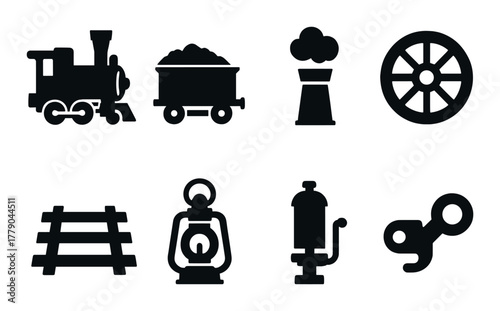 Vintage train icons: locomotive, coal car, signal, wheel, track, lantern, whistle, key