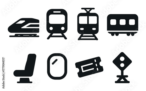Train and transport icons set: high-speed, metro, tram, ticket, seat, window