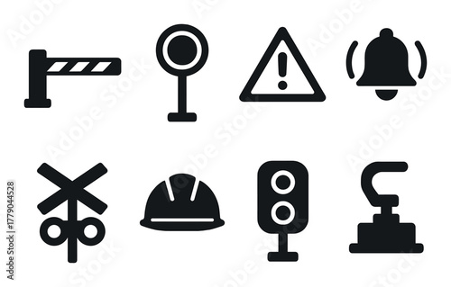 Monochromatic industrial icons on black metallic background