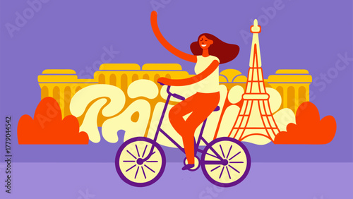 Joyful Woman Cycling Through Parisian Streets with Eiffel Tower Landmark