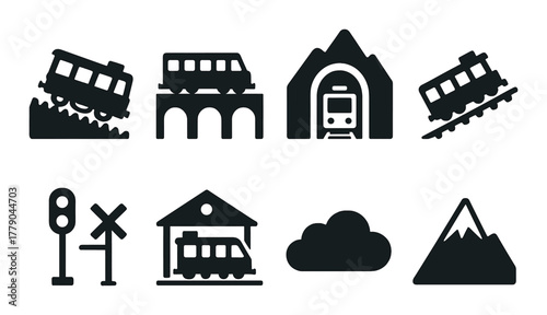 Train and mountain icons: tunnel, railway crossing, cloud, peaks
