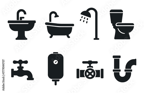 Silhouette icons of bathroom and plumbing fixtures on dark background