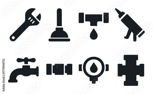 Silhouettes of plumbing tools and fixtures on black background