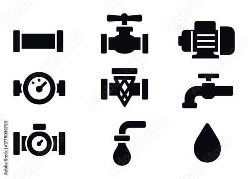 Industrial icons: pipe, valve, motor, gauge, water drop silhouettes on dark background
