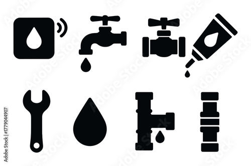 Silhouette plumbing icons on black background