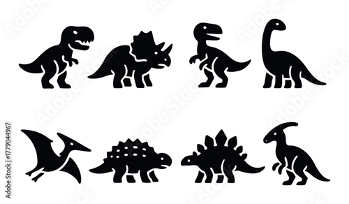 Silhouettes of eight iconic dinosaurs on black background