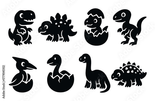 Silhouette dinosaur icons featuring diverse prehistoric shapes and baby dinosaur hatching