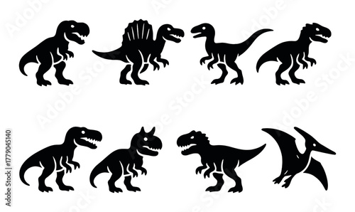Set of eight black silhouette dinosaur shapes on dark background