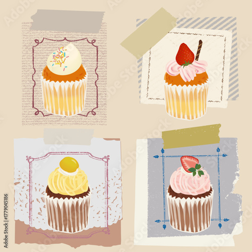 カップケーキとおしゃれな紙のあしらい  付箋 クラフトテープ メニューの飾り 