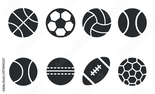 Collection of eight minimalist sports ball icons on dark background