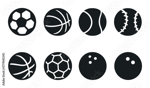 Silhouette icons of various sports balls on dark background