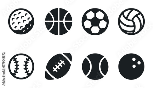 Set of eight sports ball icons on black background
