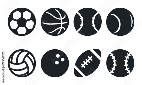Set of eight black and white sports ball icons on gradient background