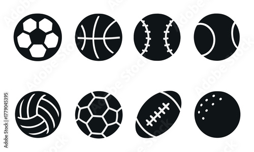 Monochrome sports balls design featuring various sports icons