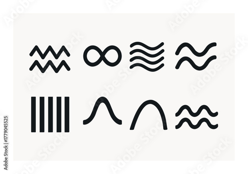 Minimalist abstract geometric wave and line icon set in black and white