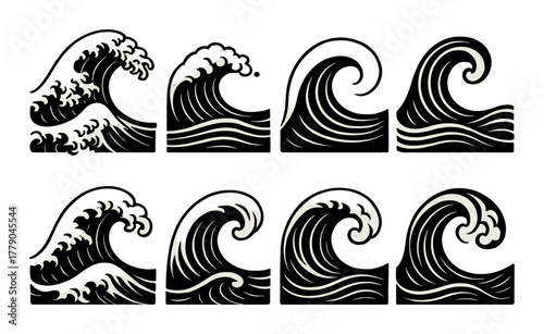 Stylized wave icons set on gradient background