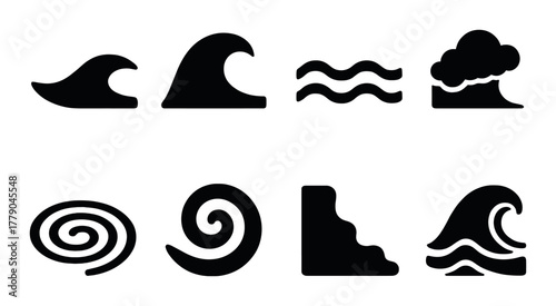 Set of abstract wave and cloud symbols in monochrome black background
