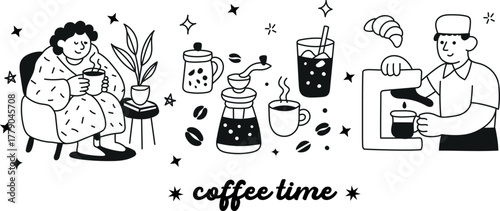 Minimal line art coffee illustrations — cups, desserts, and stylish people enjoying cozy café moments.
