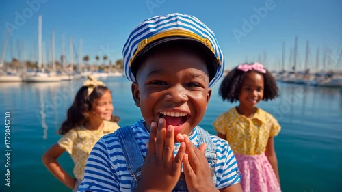 Joyful children enjoying sunny day at marina