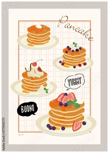 パンケーキのイラストのバリエーション 装飾 モチーフ素材 あしらい 原稿用紙の背景