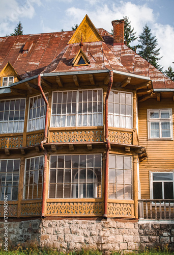 Vorohta Carpathian Mountains Landscape with Historic Viaduct and Traditional Wooden Architecture