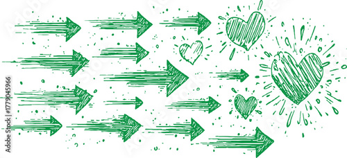 Green hand drawn arrows moving towards hearts with splashes and dots love movement