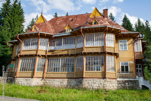 Vorohta Carpathian Mountains Landscape with Historic Viaduct and Traditional Wooden Architecture