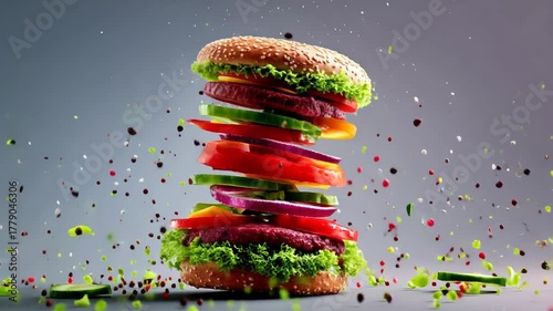 Stacked burger with flying ingredients gray background