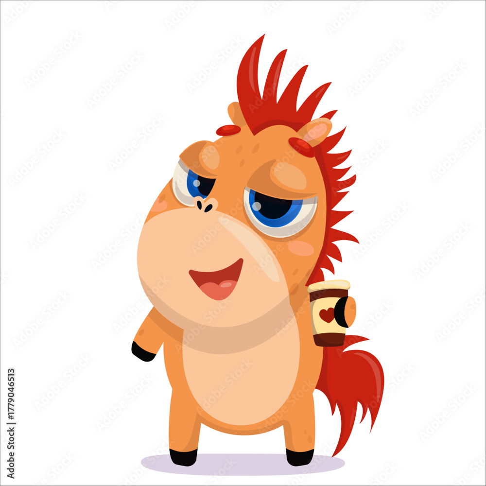 Fototapeta premium Vector illustration of a happy horse drinking coffee. Horse, character, 2026, Horoscope, cute, drinking, pony, childish, funny, Chinese