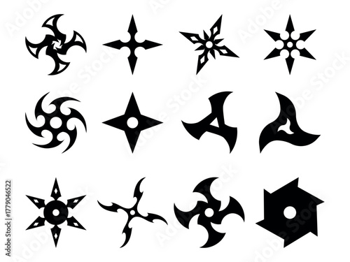 Big collection of Black silhouettes of throwing stars. Vector illustration of a metallic ninja star (shuriken) with sharp, symmetrical blades. Ideal for martial arts designs, icons, or themed artwork.