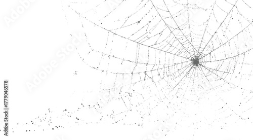 Intricate grey spiderweb with dew drops on white background insect nature
