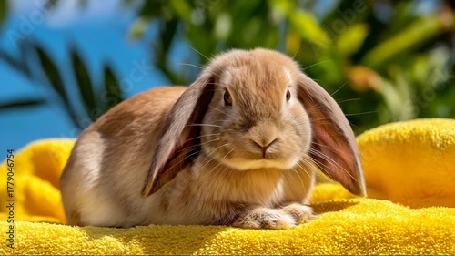 Fluffy rabbit relaxing on yellow towel summer sun