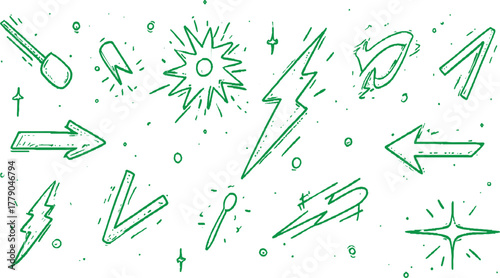 Green hand drawn doodle icons of arrows lightning bolts stars and a shovel on white background vector
