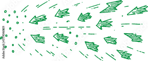 Green hand drawn arrows and dots scattered on white background circle