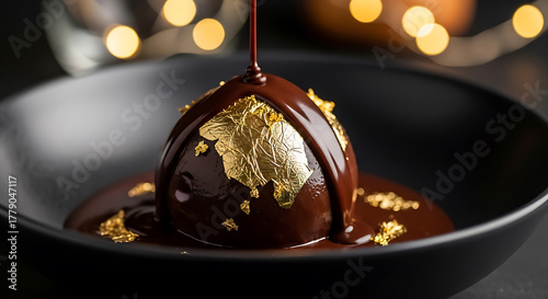 Chocolate sphere dessert with gold leaf and pouring chocolate sauce edible gold