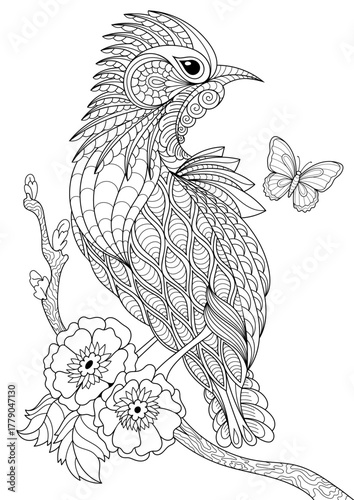 Vector black and white image of a crested titmouse perched on a plum blossom branch, hunting for a butterfly. On a white background. Hand-drawn in zentangle style for coloring.