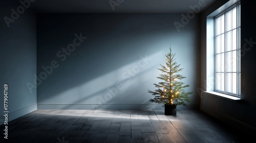 Fototapeta Naklejka Na Ścianę i Meble -  An empty, dimly lit living room with a small, undecorated Christmas tree in the corner. Loneliness during Christmas holidays with copy space, holiday contrast, aging, and emotional storytelling